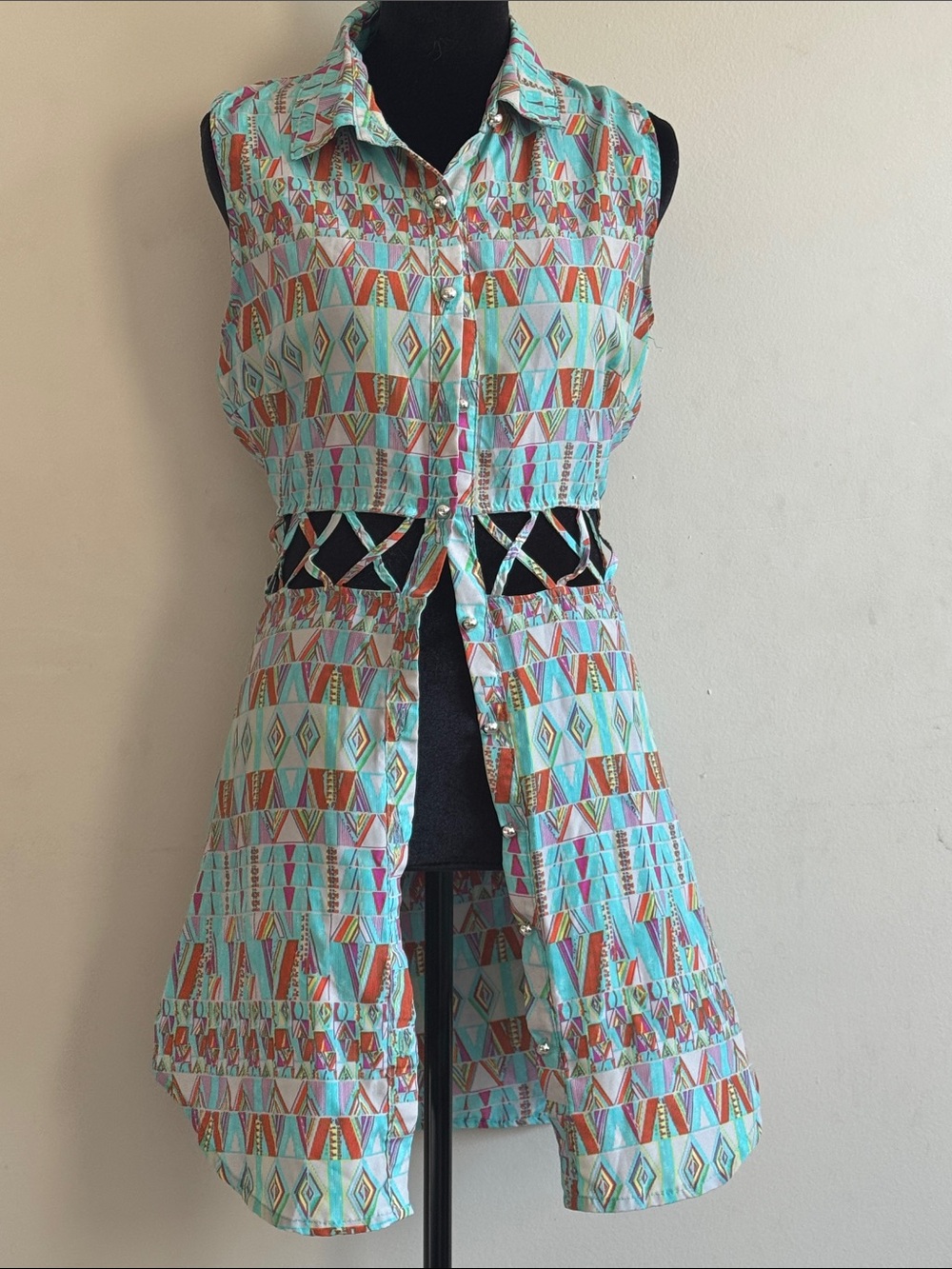 Sleeveless Aztec Print Cut-Out Shirt Dress in Aqua & Coral